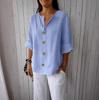 T-shirt Estiva da Donna 2025 Europea & Americana Scollo a V Larga Bottoni Cotone Lino