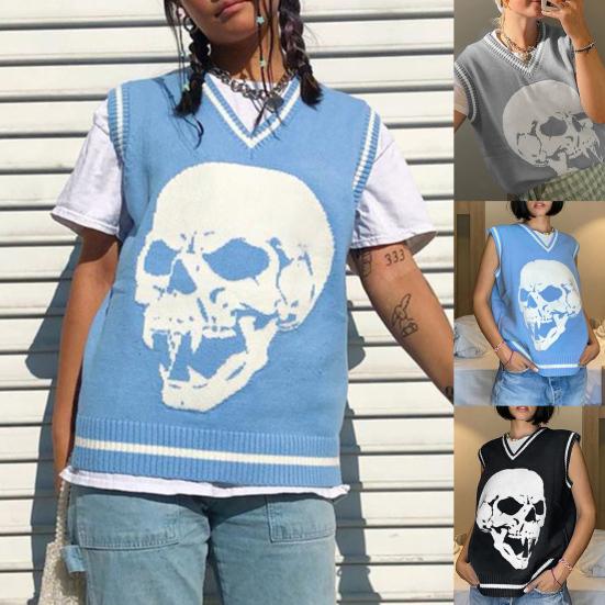

Женский повседневный свитер с V-образным вырезом, вязаный жилет, свитер без рукавов с принтом страшного черепа
