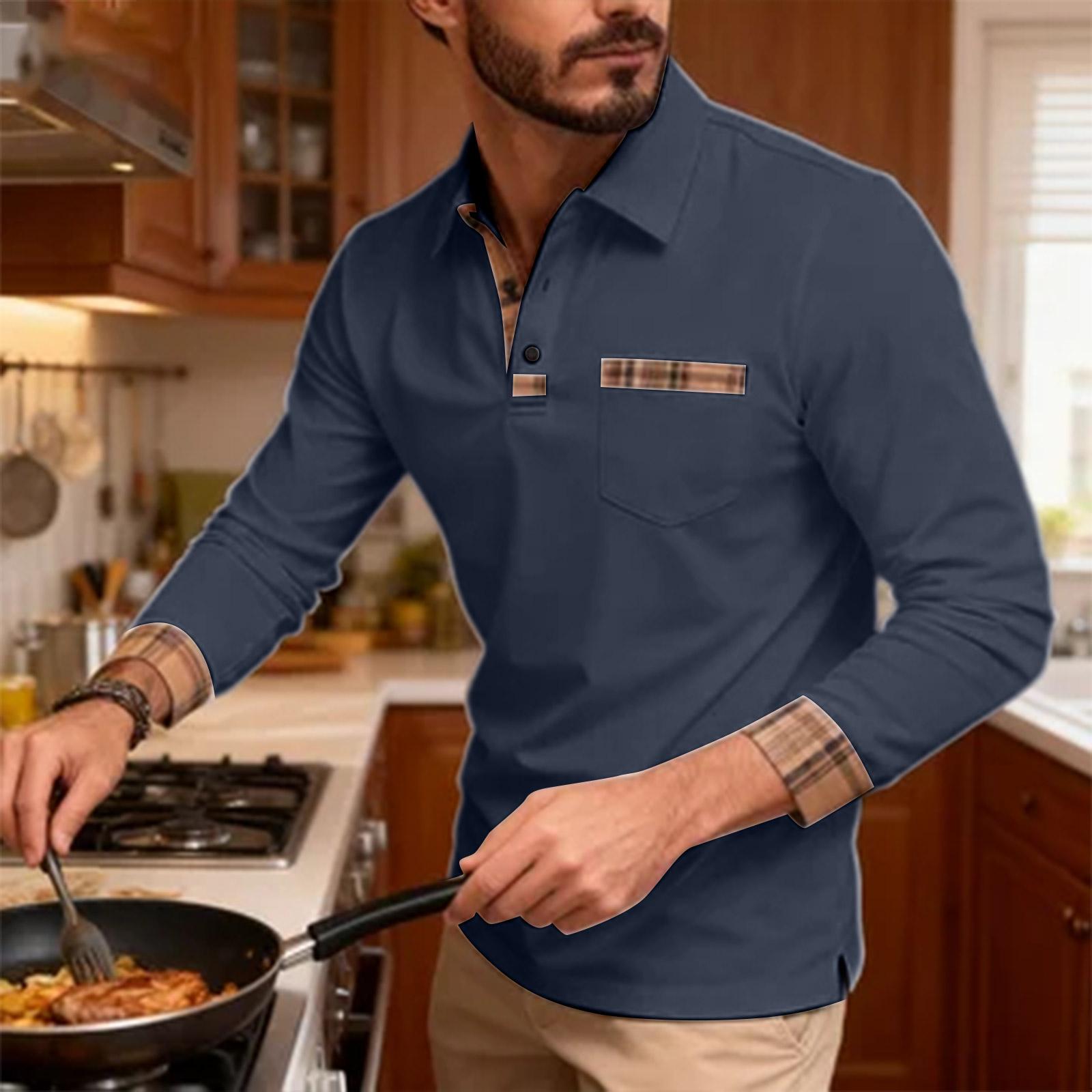 

Мужская повседневная рубашка с длинными рукавами, лацканами, карманом, в клетку, пэчворк, однотонная XL тёмно-синий