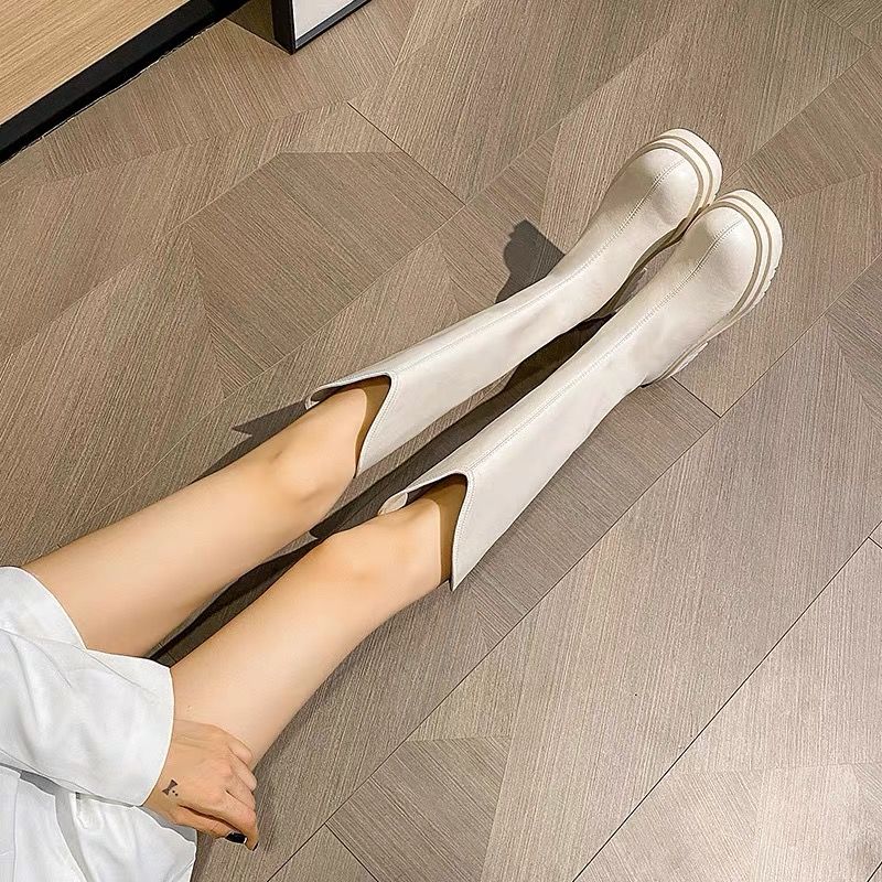 Fashion Leather Platform Round Toe Women's Half High Boots Chic and Elegant Large Size Warm New Rock Ladies Mid Calf Shoes on Promotion