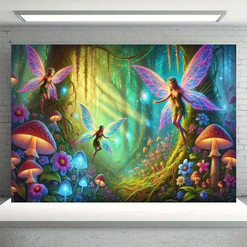 2D Magical Forest Fairies with Sparkling Lights Kids Birthday Party Backdrop