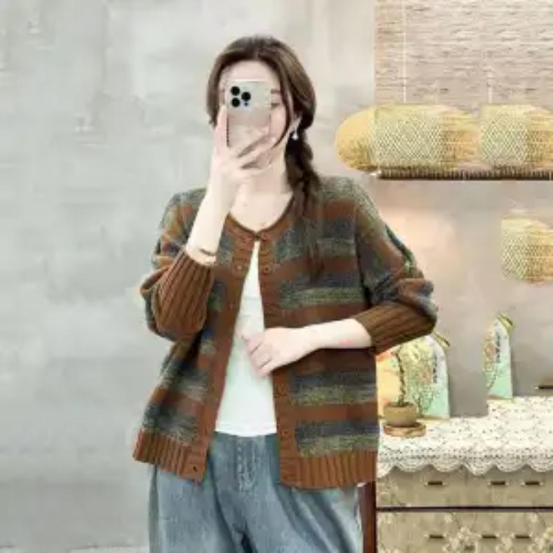 Cardigan versatil la modă cu dungi toamnă-iarnă retro Pulover tricotat cu nasturi, gât rotund, stil literar