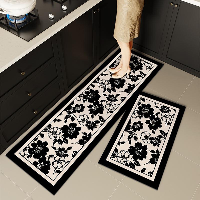 Carpet for Kitchen Non-slip Oil-resistant Erasable Leather Floor Mat Black Flower Water PVC Rugs Home Decoration Long Size Mats