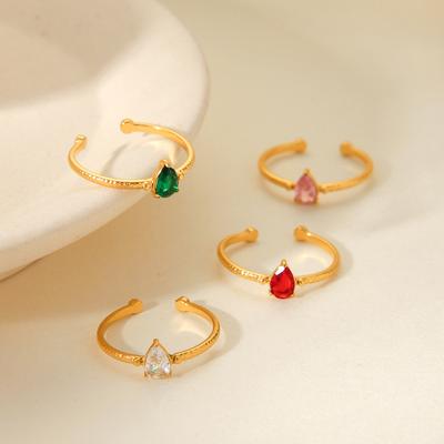 French Light Luxury 18K Gold Plated Stainless Steel Zircon Inlaid Retro High-end Teardrop Hammered Open Ring for Women