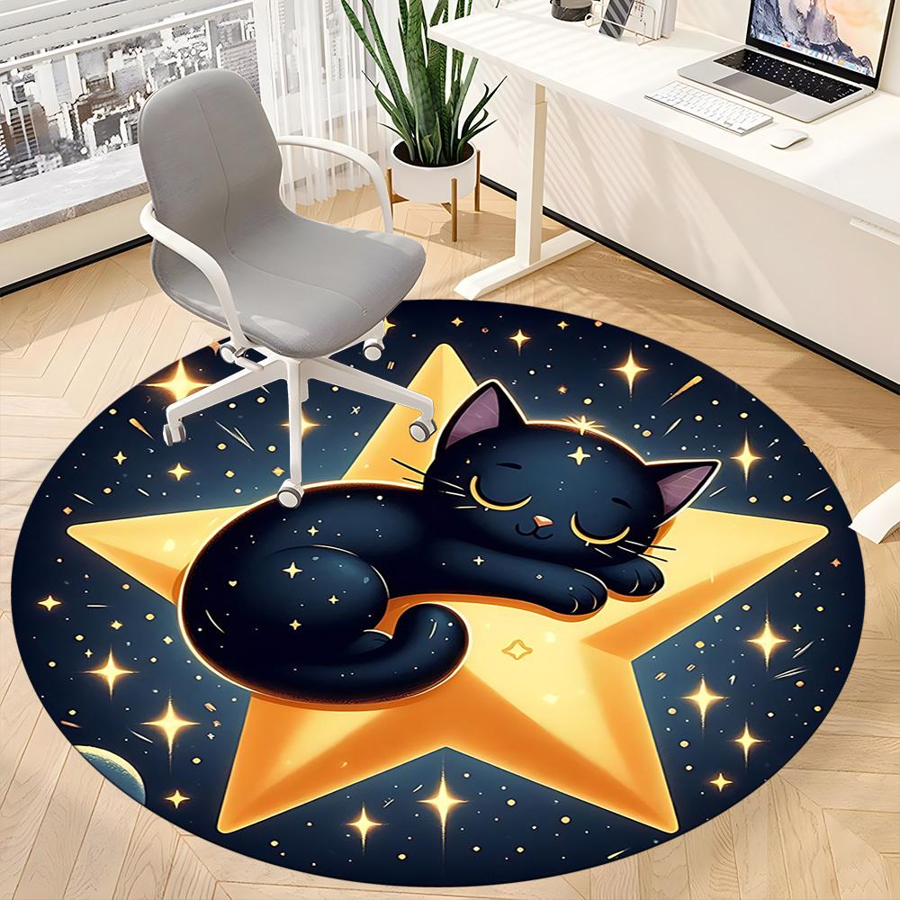 1pc Starry Night Cat Office Round Area Rug, Under Office Chairs Bedroom Living Room Home Decor, Room Deco