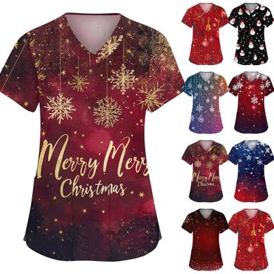 Women's Fashion V-neck Short Sleeve Workwear With Pockets Christmas Printed Tops