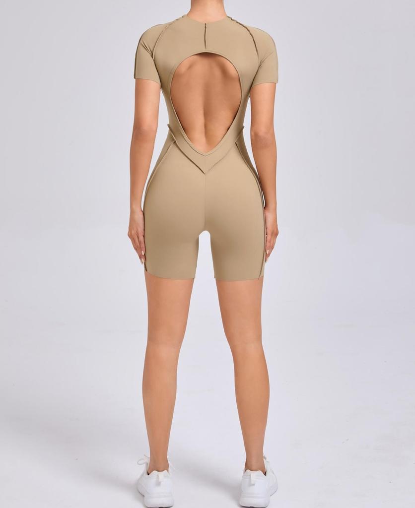 Patchwork Hollow-Back Sports Jumpsuit - Women's Tight One-Piece Fitness Outfit