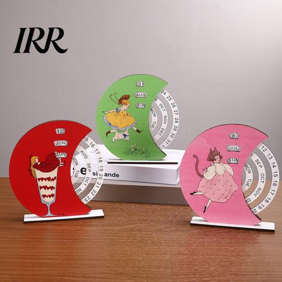 Childlike Girl Illustration Calendar Wooden Perpetual with Rotating Blocks Desktop Office Decor Desk Art Ornament Organizer Cute Motivational Gift for