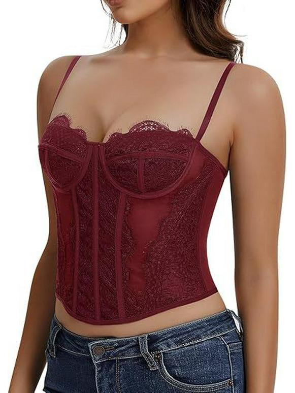Spicy Girl Eyelash Lace Trim Slim Fishbone Corset Camisole