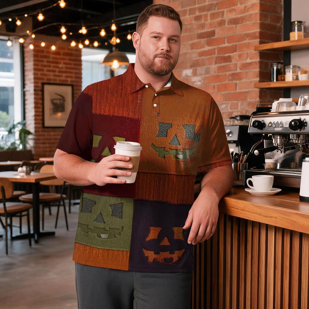 Men's Big Size Halloween Print Golf Polo Shirt Breathable Short Sleeve Casual Workwear Top Comfortable Fit