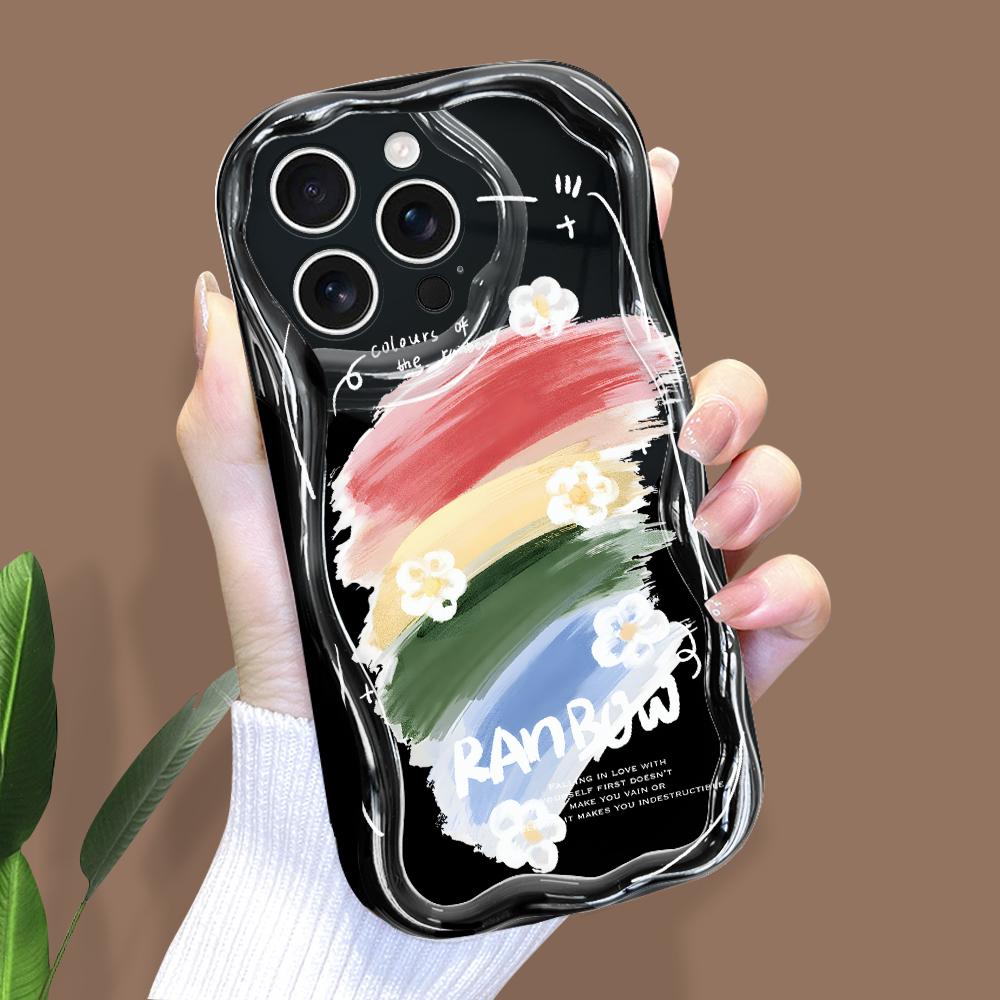 For iPhone 16 15 14 Samsung S25 S24 S23 A06 A13 A14 A15 A16 A55 Redmi 14C 13C Note 14 13 12 Rainbow Flowers Full Lens Protect Wave Edge Case