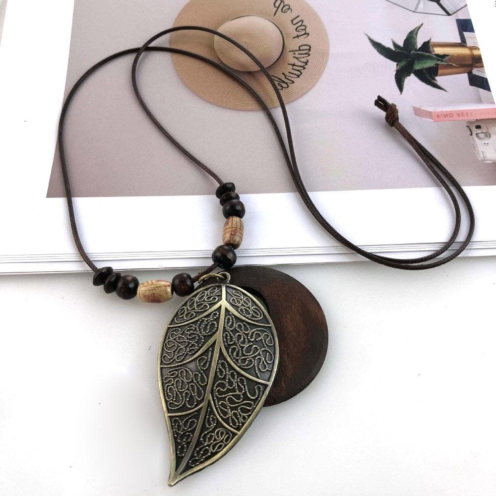 Leather Chain Wooden Pendant Necklace Boho Sweater Necklace Vintage Sweater Chain  Gifts