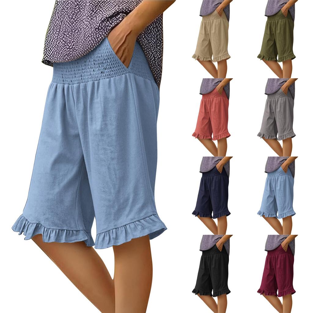 Damen Farbige Hohe Taille Plissierte Baumwolle Leinen Lockere Freizeitshorts