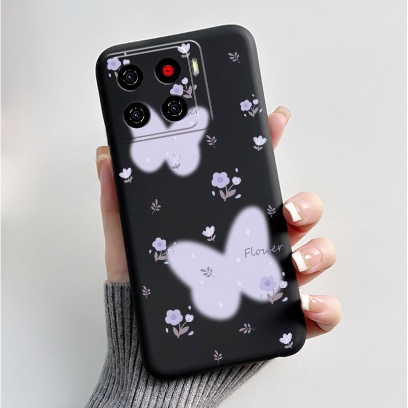 Handyhülle Für ZTE Blade A56 BladeA56 Pro Hülle Luxus Mode Schmetterling Blumen Schwarz Weiches TPU Silikon Schutzhülle Schale
