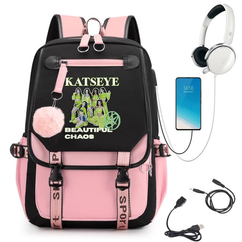 Rucsac Școlar KATSEYE cu Port de Încărcare USB, Bloc de Culori Negru Roz Violet, Rezistent la Apă, Capacitate Mare, Ghiozdan 60123-19
