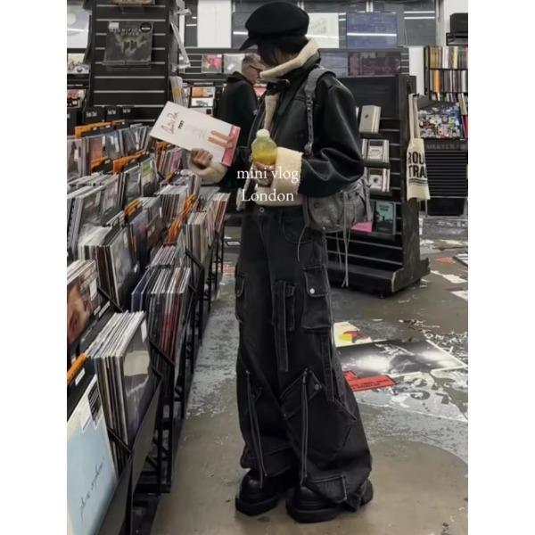 Dámské černé gotické volné cargo džíny Harajuku Oversize džínové kalhoty Y2K 90S Vintage Emo kalhoty Trashy oblečení