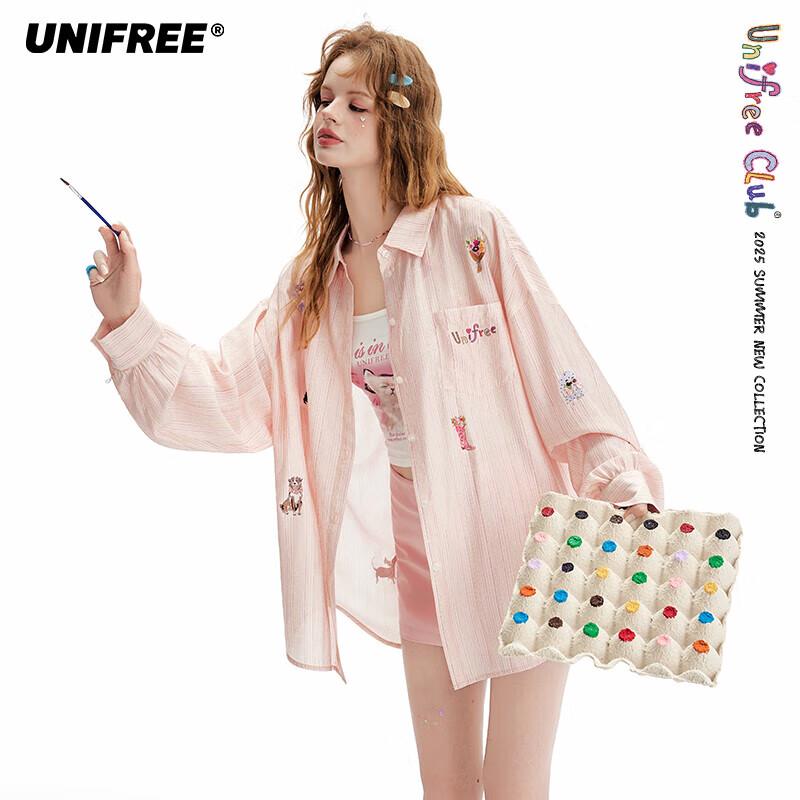 UNIFREE Повседневная полосатая рубашка с милым принтом-наклейкой M