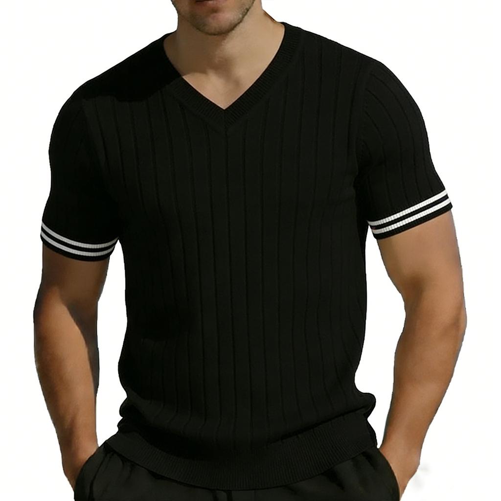 Men's Casual V Neck Short Sleeve T Shirt Ribbed Knit Slim Fit Lightweight Breathable Comfortable Summer Top for Outdoor Indoor Use