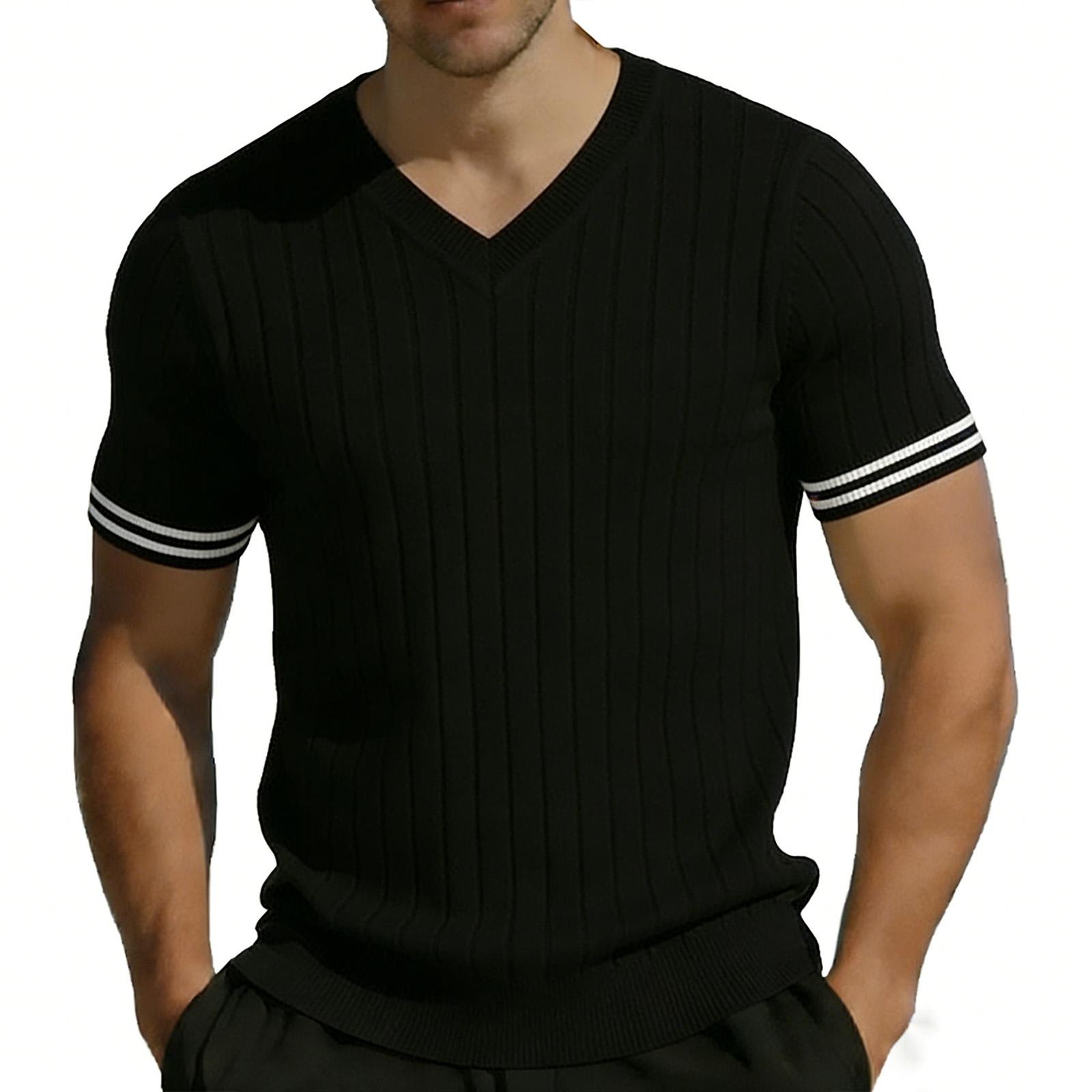 

Men s Casual V Neck Short Sleeve T Shirt Ribbed Knit Slim Fit Lightweight Breathable Comfortable Summer Top for Outdoor Indoor Use XXL чёрный