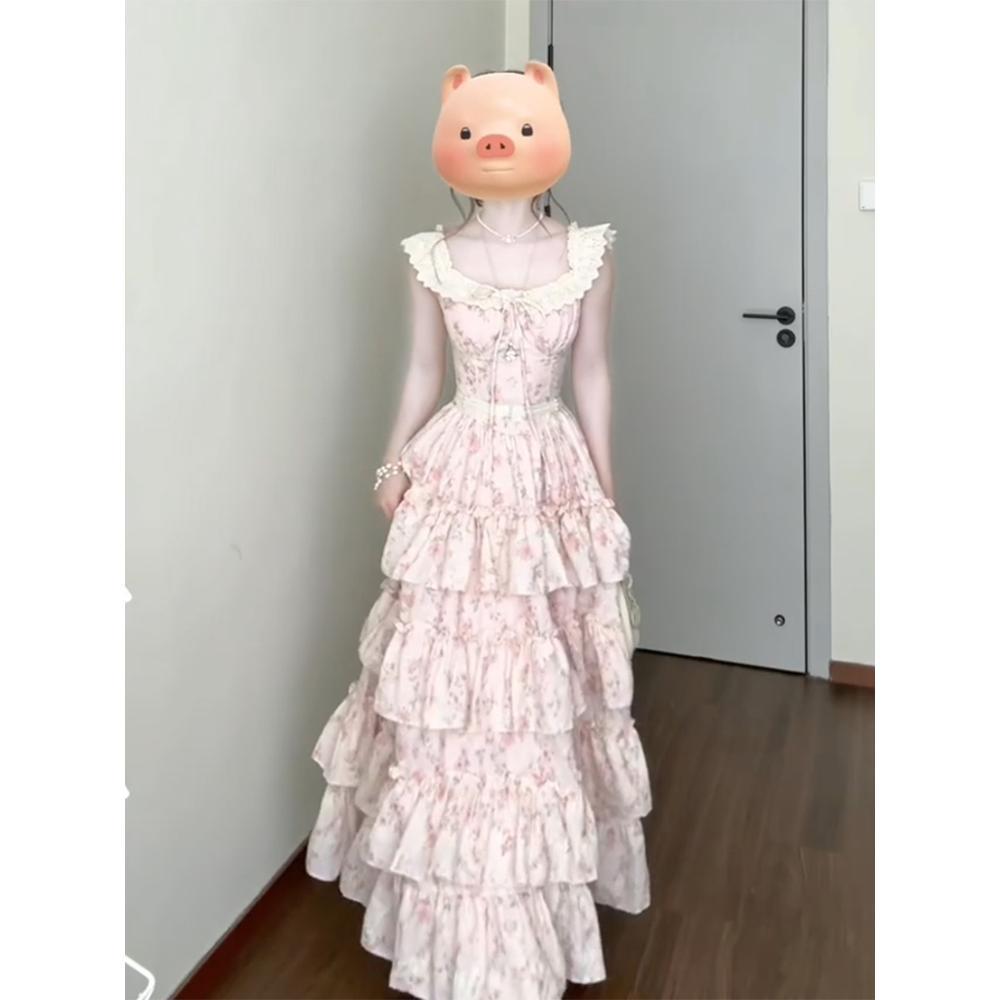 Sweet wind pink floral suspender dress temperament great good-looking unique beautiful waist a word princess dress