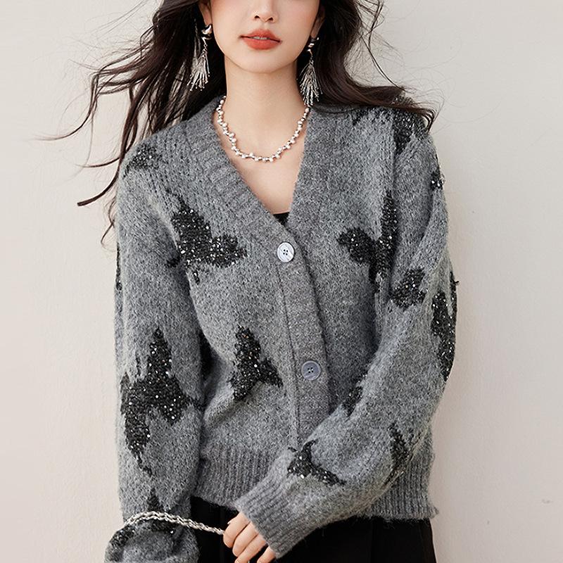 Gray Knitted Cardigan Women's Autumn and Winter Loose Sweater Jacket New Style Royal Sister Cold Top