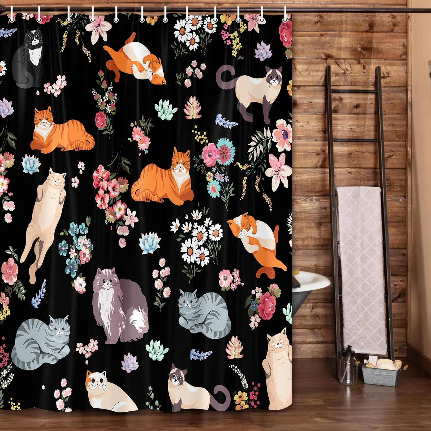 Cat Shower Curtain Black Cute Funny Floral Kitten Boho Bathroom Shower Curtain White Daisies Roses Cat Funny Shower Curtains 90x180CM
