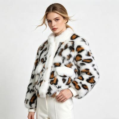 Womens Faux Fur Leopard Print Coat With Pockets Warm Winter Outerwear Long Sleeve Fluffy Jacket