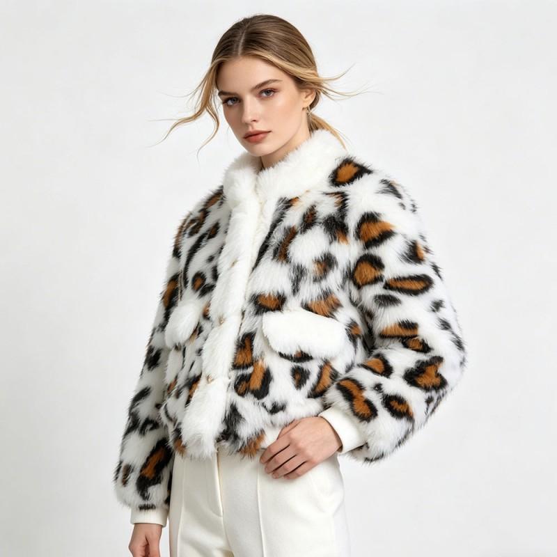 Womens Faux Fur Leopard Print Coat With Pockets Warm Winter Outerwear Long Sleeve Fluffy Jacket