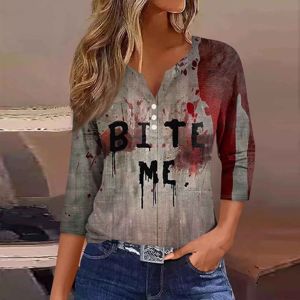 Damesmode Casual Halloween Print V-hals Korte Mouw Decoratieve Knop Driekwart Mouw T-shirt Top