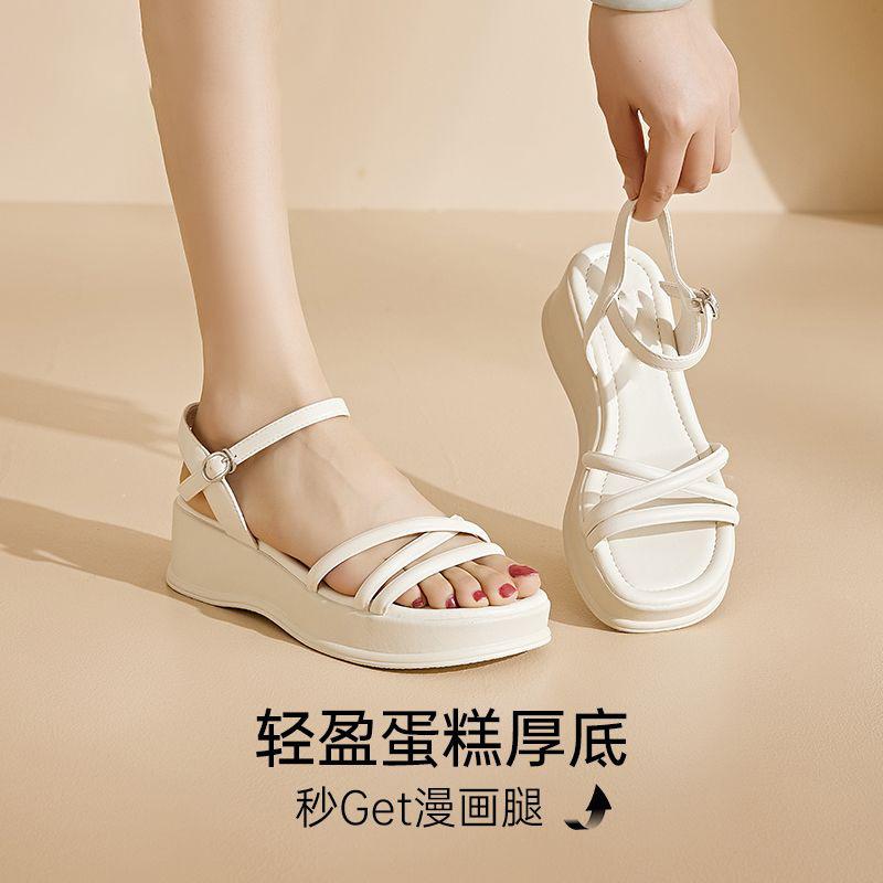 

Small muffin thick-soled one-word sandals summer new 2025 Korean version fairy wind thin-strapped Roman sandals 40