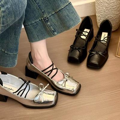 Celebrity Style Silver Mary Jane Single Shoes Women'S Bow Small Leather Shoes Spring And Summer Dress Wear High Heels