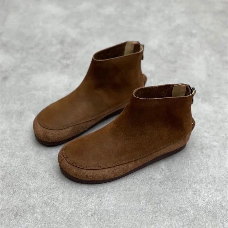 Johnature Stivaletti corti da donna in vera pelle punta tonda scarpe piatte comode casual con suola morbida in pelle bovina