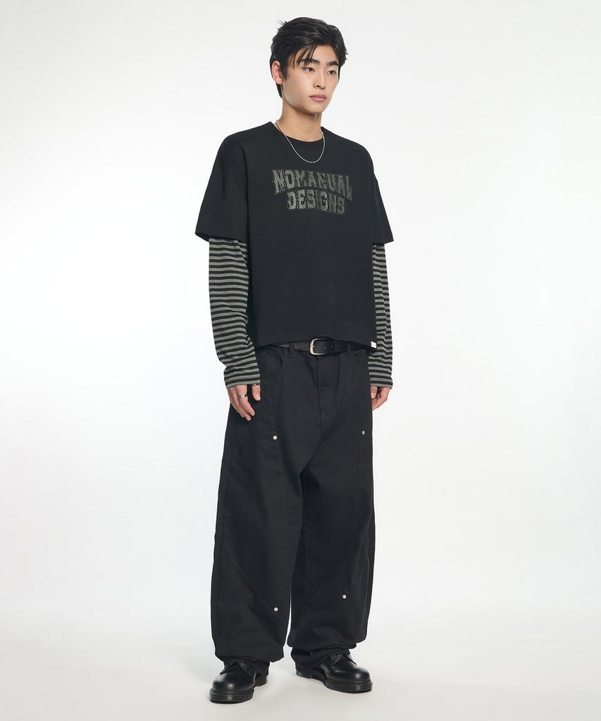 NOMANUAL Stripe Layered Long Sleeve Tee - Black