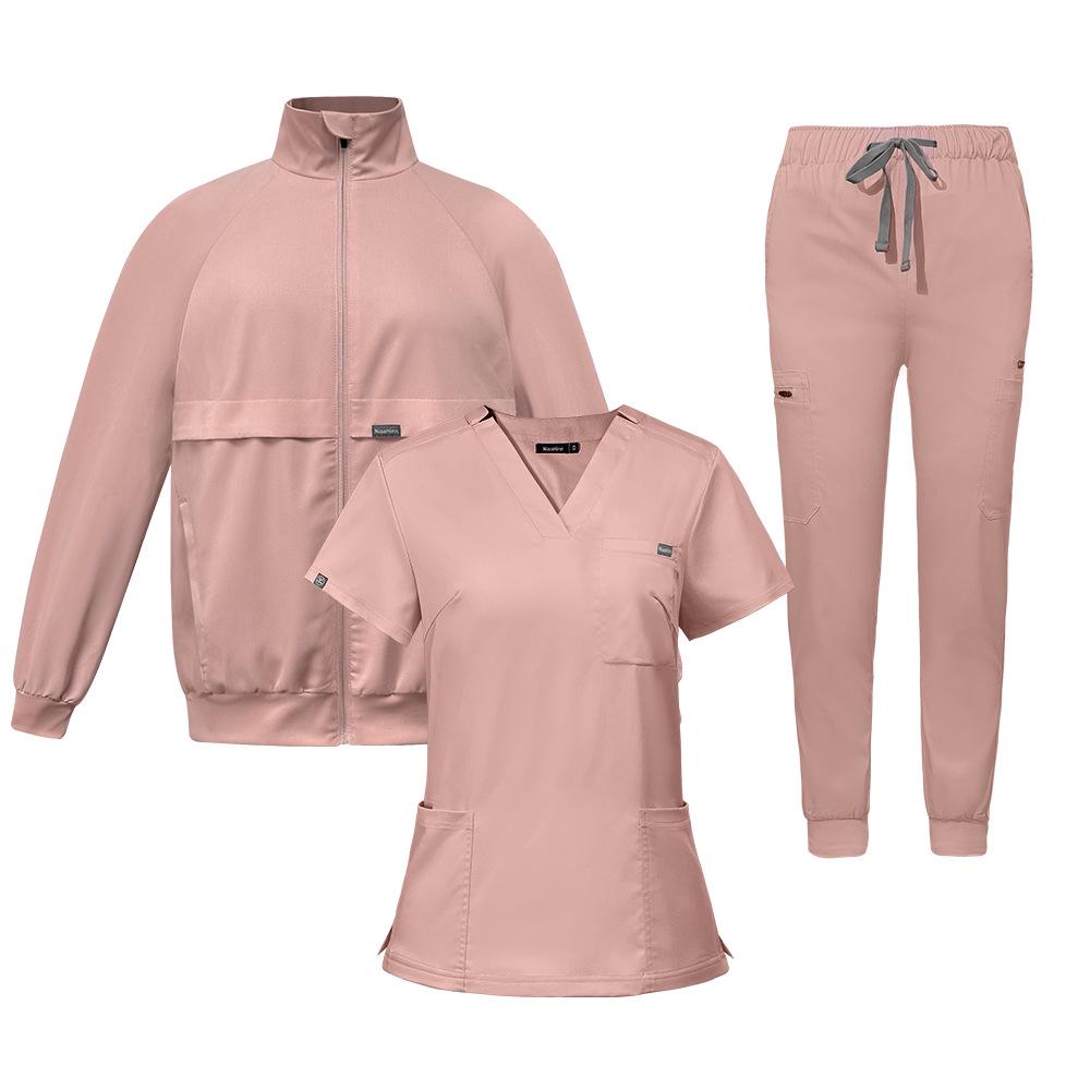 Three-Piece Nurse Scrub Set: V-Neck Jacket, Short-Sleeved Top, Long Pants with Elastic Waist.