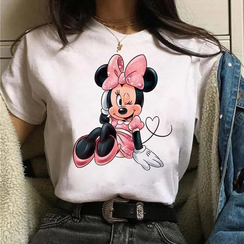 Funny Disney Women T-shirt Cute Cartoon Mickey Minnie Graphic Casual Short Sleeve T Shirt Female Kawaii Loose Y2K Clothing Tops