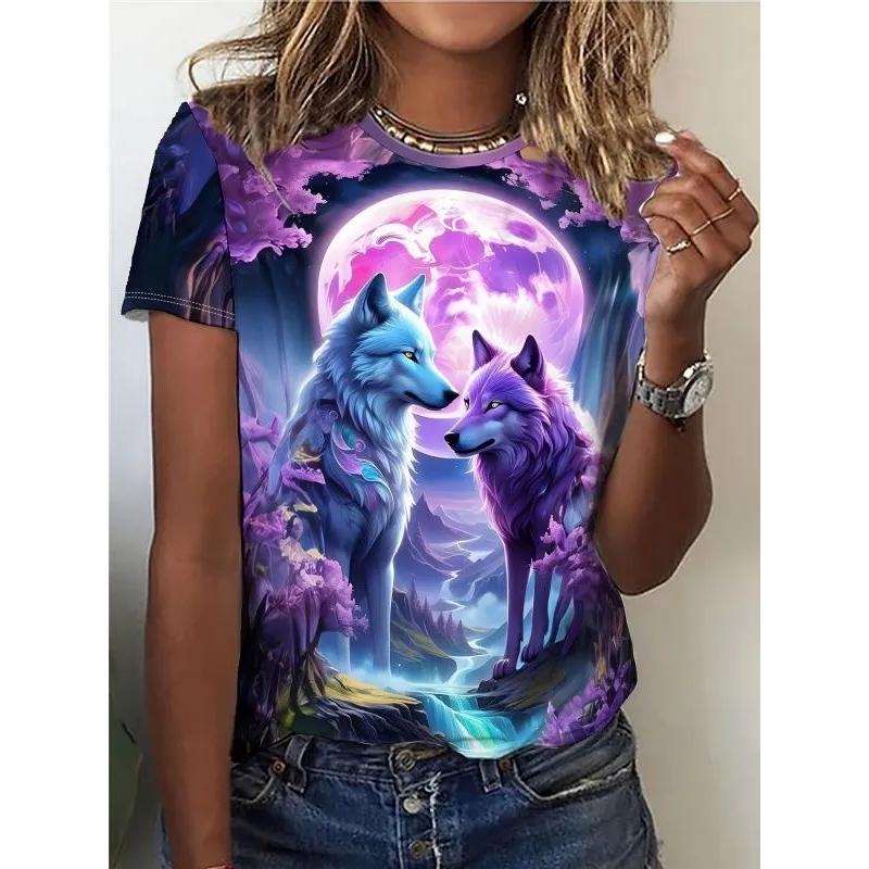 Moda Donna Girocollo Manica Corta Stampa Animale Colorata 3D T-shirt Manica Corta Girocollo con Animali