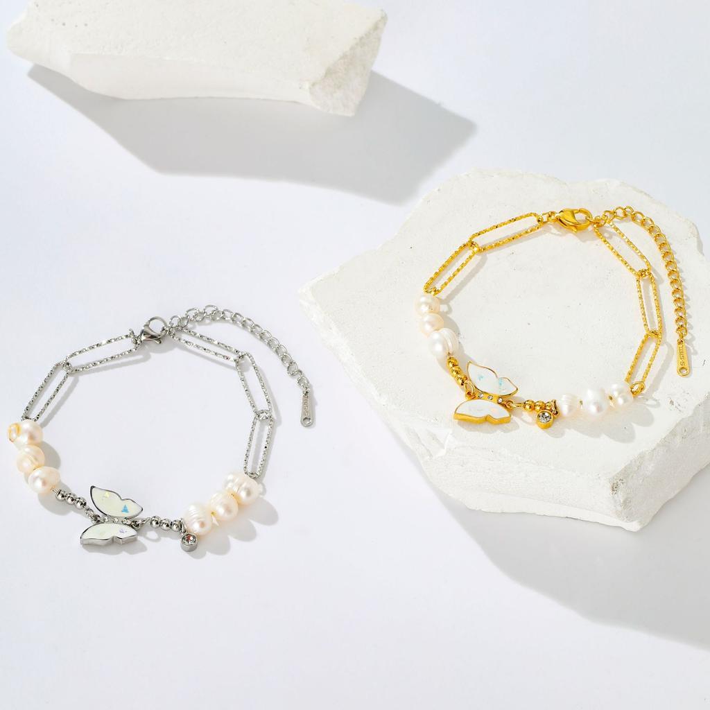 Stainless Steel 11K Gold Chain Butterfly Pearl Bracelet INS Wind Niche Design Gold Plated Bracelet