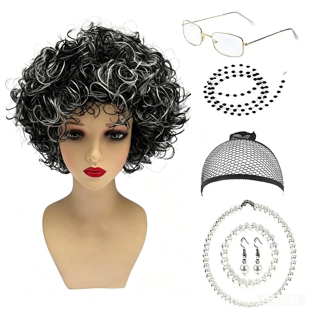 Grandma Costume Accessories Set with Wig, Glasses with Chain, Hairnet, Necklace, Bracelet and Earrings