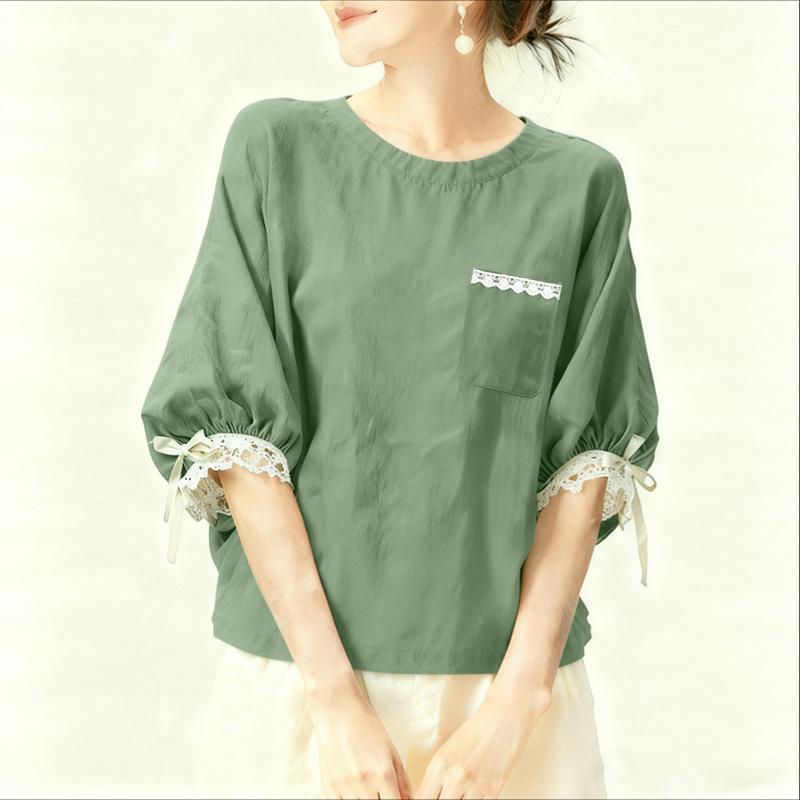 ZANZEA Women Casual Round Neck Lace Splice 3/4 Sleeve Blouse