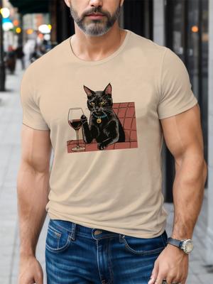 Schwarze Katze trinkt Wein Grafik T-Shirt Herren Lässig Baumwolle Rundhals Sommer T-Shirt