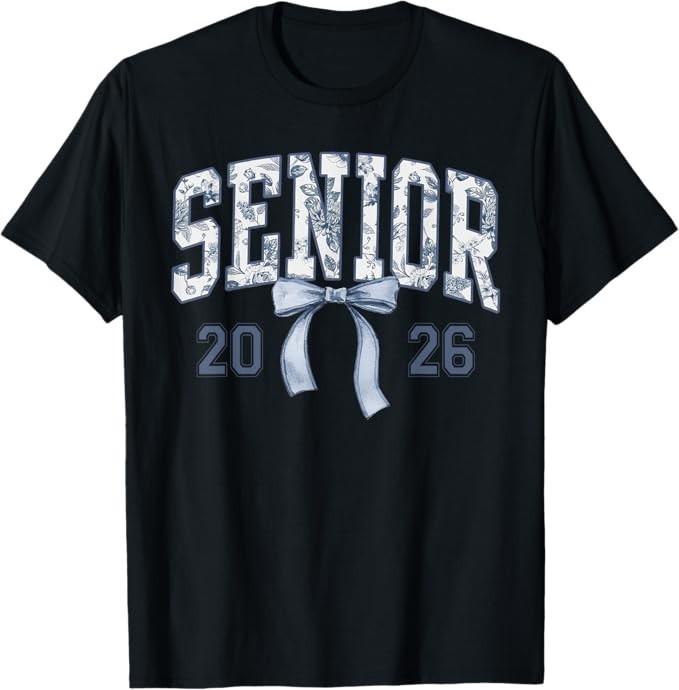 Class of 2026 Senior Coquette Bow Blue Toile Floral T-Shirt