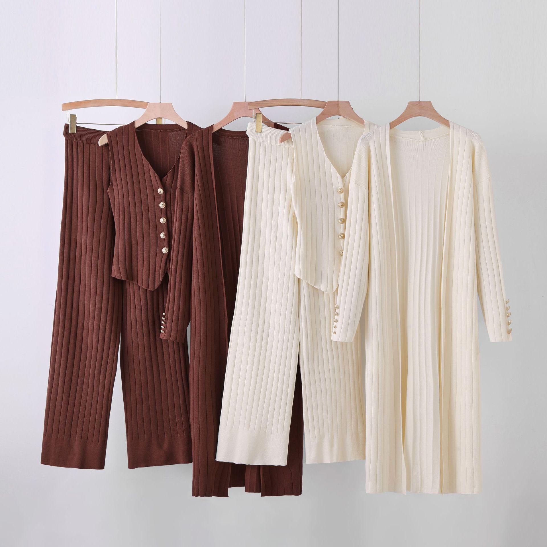 

Women s Fashionable Autumn/Winter Knit Cardigan, Wide-Leg Pants, and Sleeveless Vest Three-Piece Set One Size абрикосовий