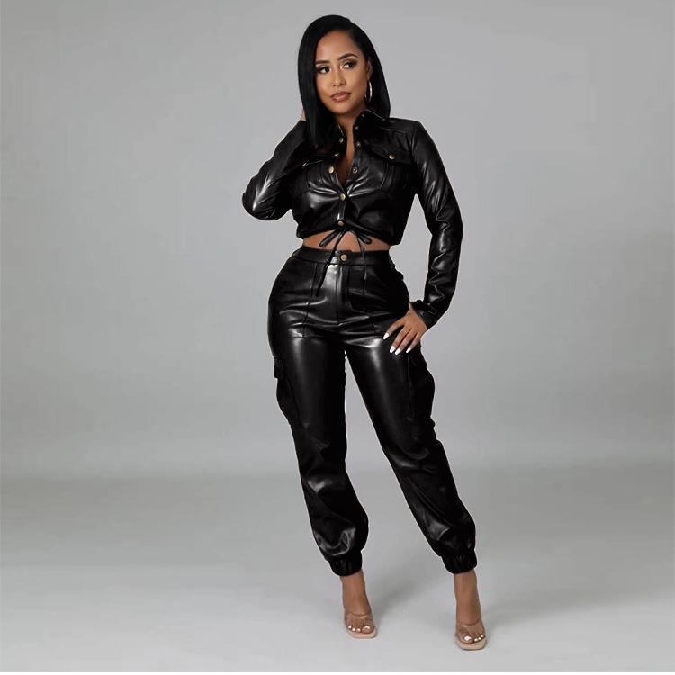 Autumn/Winter Slim-Fit PU Leather Brushed Long Pants with Multi-Pocket Detailing