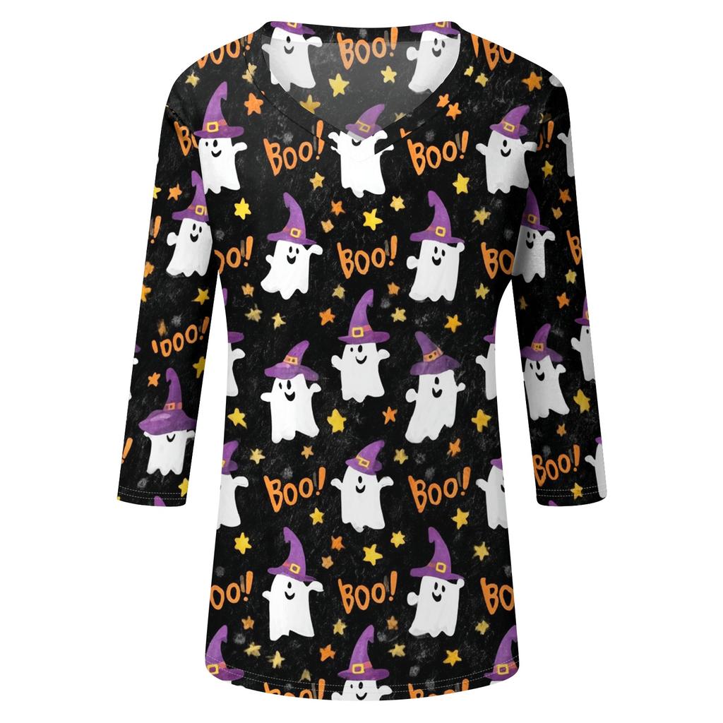Women's Casual Halloween Print V Neck Three Quarter Sleeve Top Lightweight Comfortable Fit Seasonal Shirt for Everyday Wear