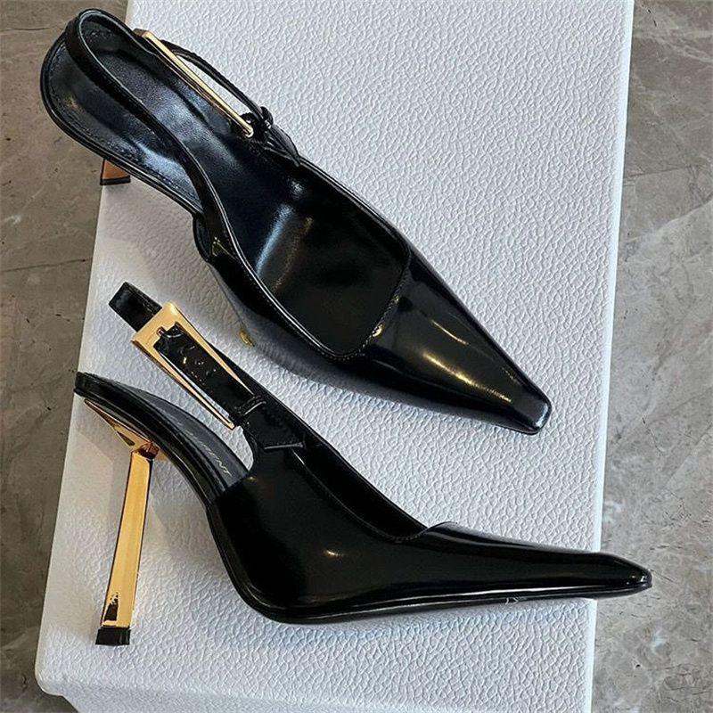 2025 new pointed head temperament high heels female royal sister style patent leather sexy gold fine heel high sense bag head single shoes