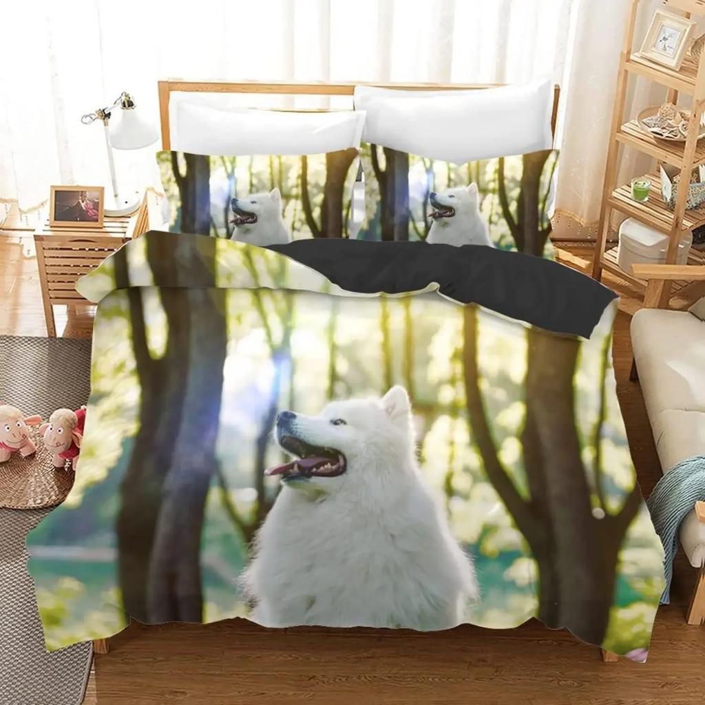 Samojedhund Påslakan King Queen Size Härligt Leende Husdjur Valp Sängkläder Set Vuxna Kvinnor Söt Vit Djur Polyester Täcke