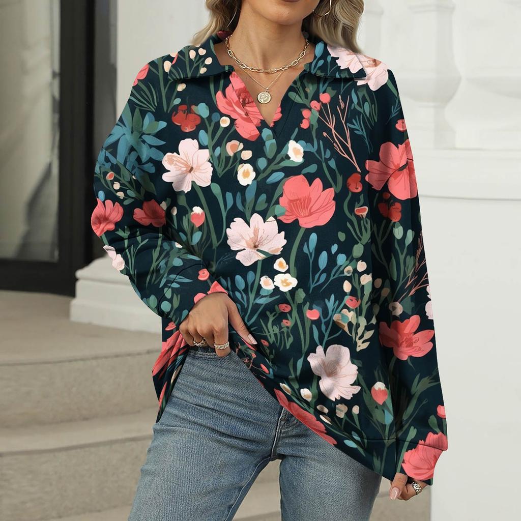 Women's Summer Fashion Casual  Printed V-Neck Long Sleeve Shirt Top