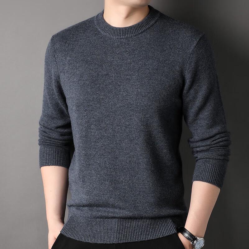 Hengyuanxiang Men's Thickened 100% Pure Wool Round Neck Pullover Sweater