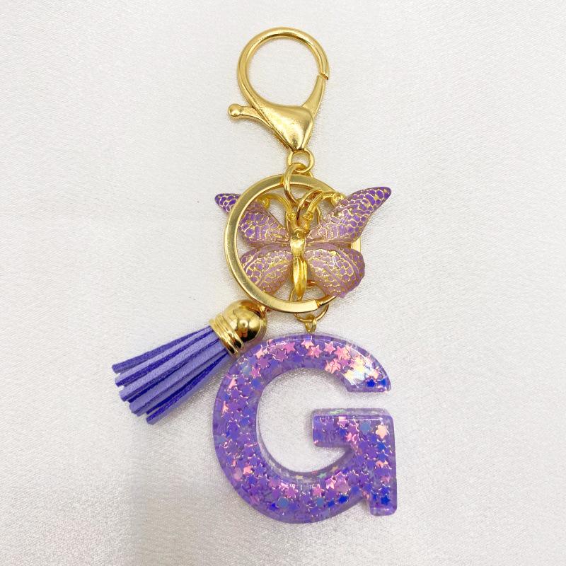 26-Letter Alphabet Resin Keychain with Star Sequins & Tassel Charm