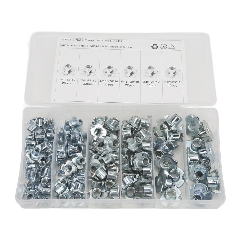 110Pcs T Nuts 1 4in 5 16in 3 8in Steel Corrosion Resistant Galvanized Rustproof Pronged Tee Nut